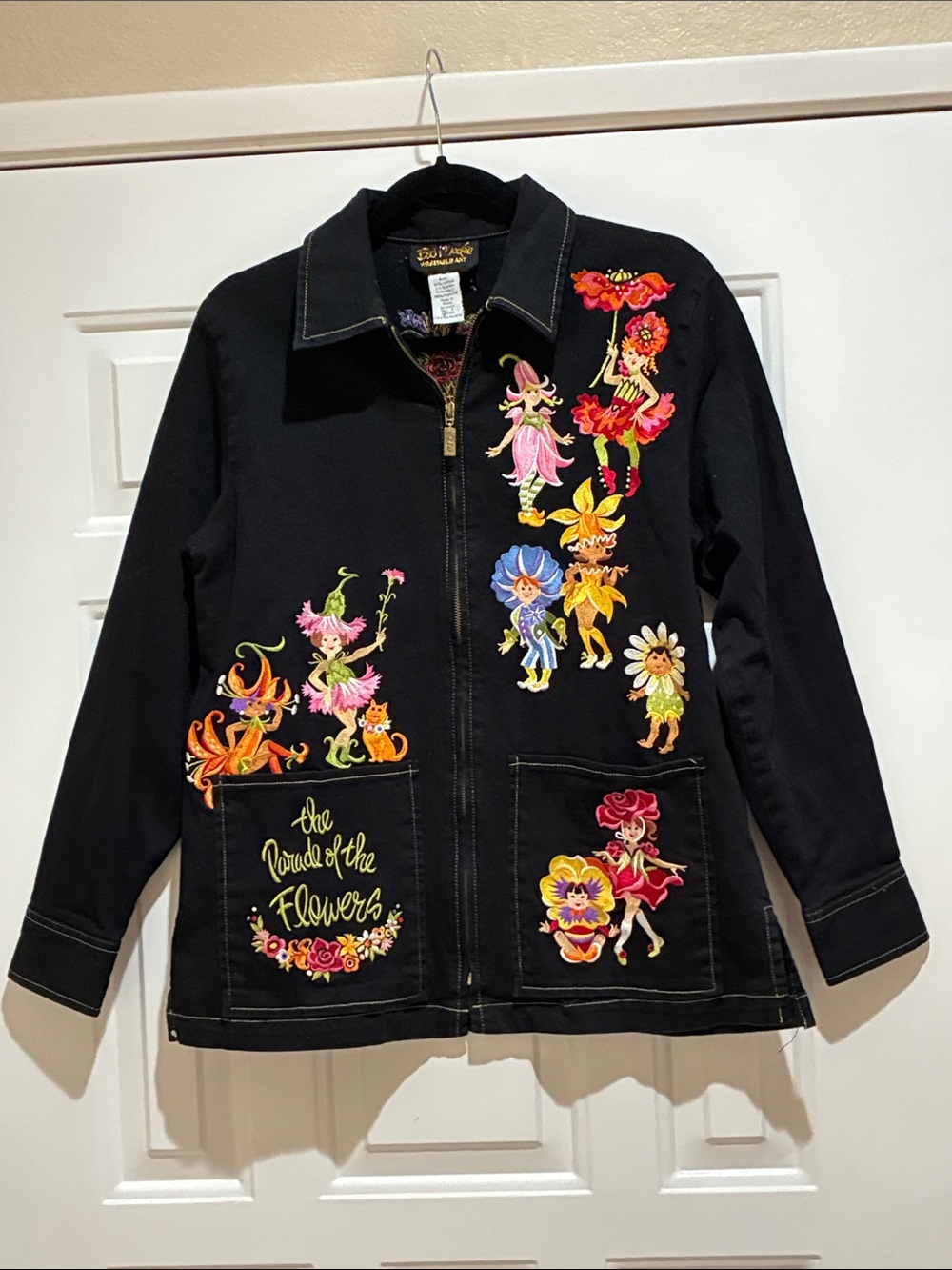 Bob Mackie wearable art Black Floral Embroidered Zip Jacket